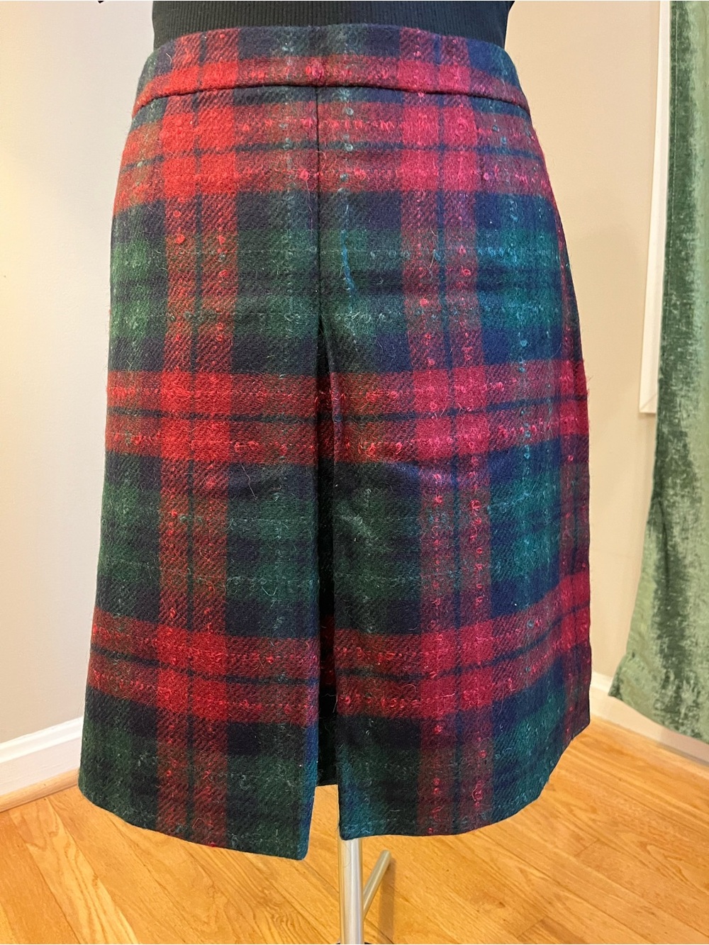 Plaid Wool Blend Front-Pleat Skirt in Red and Green